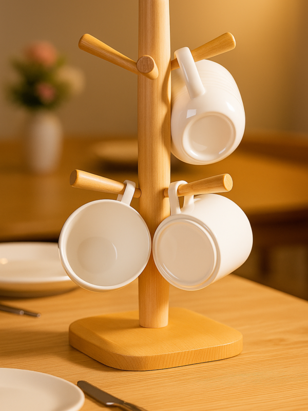 ZS Collection Wooden Mug Holder Stand | Premium Solid Wood Cup Holder with 6 Hooks | Kitchen Counter Organizer for Tea & Coffee Mugs.