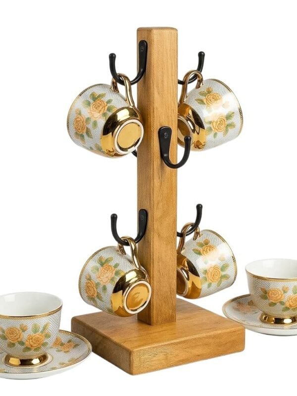ZS Collection Solid Wood Mug Holder Stand for Home, Café & Office | 6-Hook Cup Organizer.