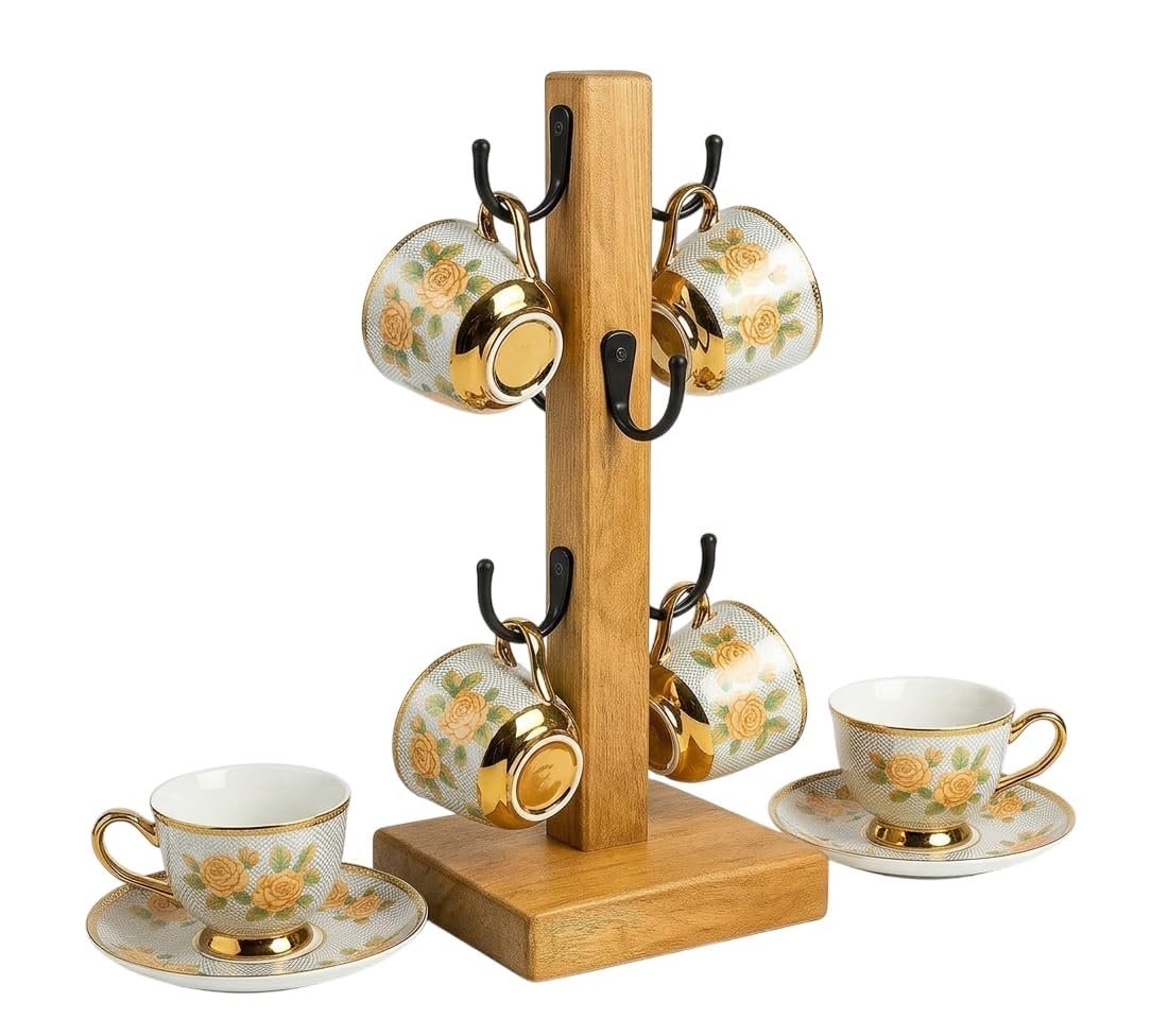 ZS Collection Solid Wood Mug Holder Stand for Home, Café & Office | 6-Hook Cup Organizer.