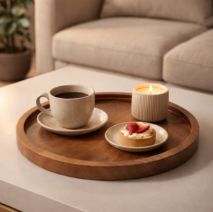 ZS Collection Premium Mango Wood Round Serving Tray – Natural Wooden Platter for Snacks, Coffee, Breakfast & Kitchen Décor | Handmade Rustic Tray for Home & Cafe (Medium)