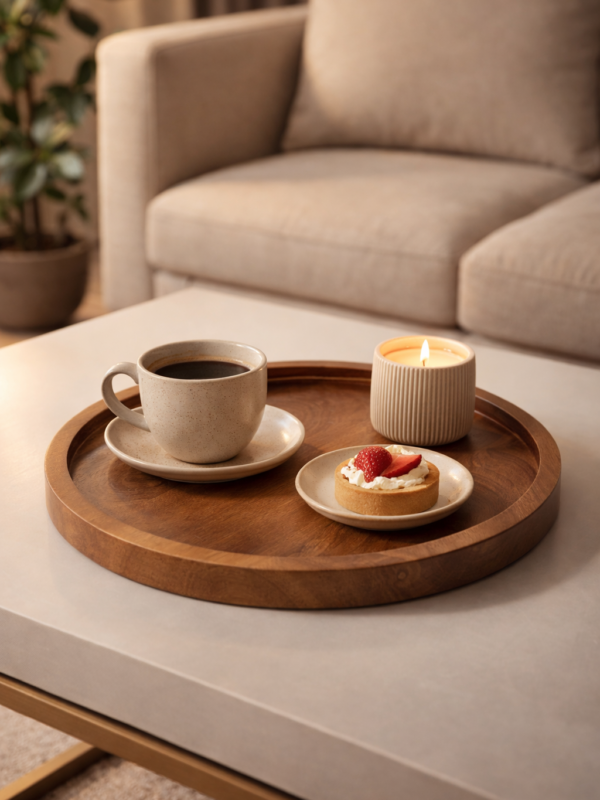 ZS Collection Premium Mango Wood Round Serving Tray – Natural Wooden Platter for Snacks, Coffee, Breakfast & Kitchen Décor | Handmade Rustic Tray for Home & Cafe (Medium)