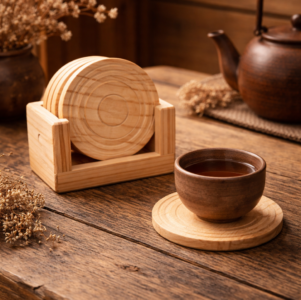 Zahira Sales Pine Wood Coaster Set with Stand | Wooden Tea Cup Coasters for Dining Table (6 Pieces)