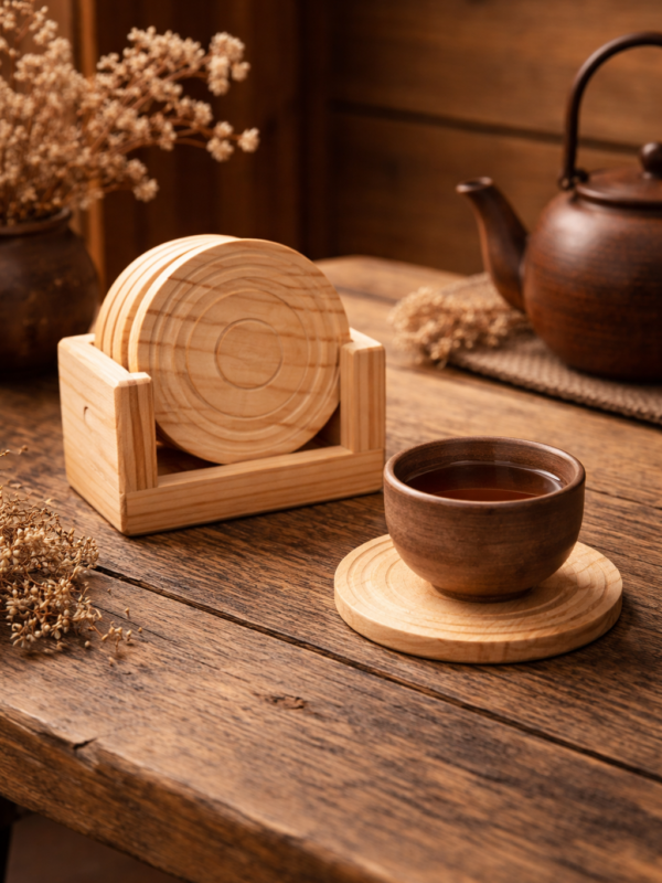 Zahira Sales Pine Wood Coaster Set with Stand | Wooden Tea Cup Coasters for Dining Table (6 Pieces)