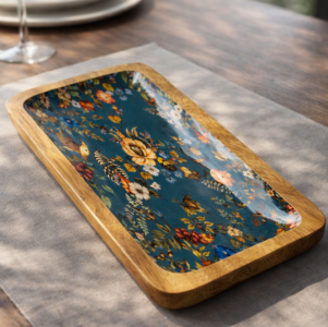 ZS Collection Wooden Serving Tray | Rectangular Floral Resin Art Decorative Tray | Rustic Breakfast Tray for Home and Kitchen | Ideal for Party, Coffee Table, Home Decorative