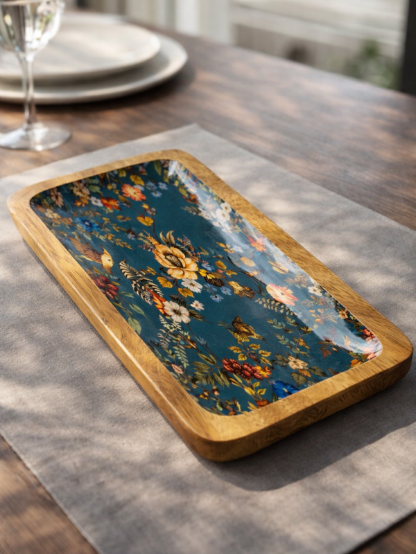 ZS Collection Wooden Serving Tray | Rectangular Floral Resin Art Decorative Tray | Rustic Breakfast Tray for Home and Kitchen | Ideal for Party, Coffee Table, Home Decorative