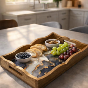 ZS Collection Wooden Serving Tray | Rectangular Ottoman Resin Art Decorative Tray  | Rustic Breakfast Tray for Home and Kitchen with Handle | Ideal for Party, Coffee Table, Home Decorative
