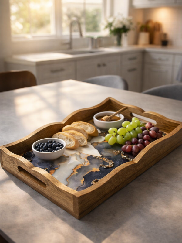 ZS Collection Wooden Serving Tray | Rectangular Ottoman Resin Art Decorative Tray  | Rustic Breakfast Tray for Home and Kitchen with Handle | Ideal for Party, Coffee Table, Home Decorative