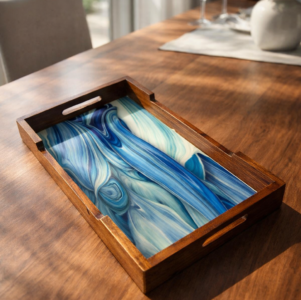 ZS Collection Wooden Serving Tray | Rectangular Blue Resin Art Decorative Tray  | Rustic Breakfast Tray for Home and Kitchen with Handle | Ideal for Party, Coffee Table, Home Decorative