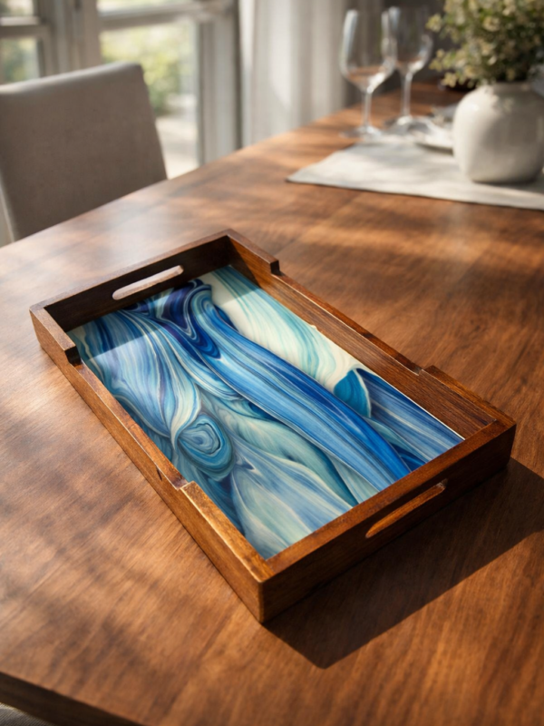 ZS Collection Wooden Serving Tray | Rectangular Blue Resin Art Decorative Tray  | Rustic Breakfast Tray for Home and Kitchen with Handle | Ideal for Party, Coffee Table, Home Decorative