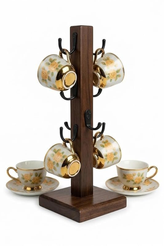 ZS Collection Wooden Mug Holder for Kitchen | Coffee Mug & Tea Cup 6 Hooks Cup Stand Organizer | Tabletop Cup Stand for Kitchen Square Bottom Mug Holder Stand