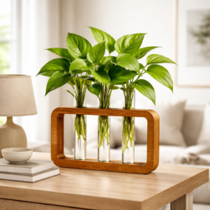 ZS Collection Wooden Test Tube Planter 20Lx 13Wx 3.5H Cm | Glass Test Tube with Wooden Holder | Hydroponic Test Tube Vase | Decorative Glass Planter with Wooden Stand for Living Room & Home Decor