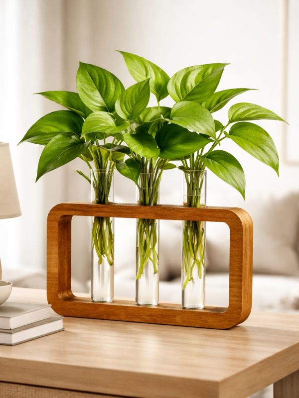 ZS Collection Wooden Test Tube Planter 20Lx 13Wx 3.5H Cm | Glass Test Tube with Wooden Holder | Hydroponic Test Tube Vase | Decorative Glass Planter with Wooden Stand for Living Room & Home Decor