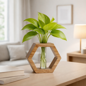ZS Collection Wooden Test Tube Planter 14Lx 12Wx 3.5H Cm | Glass Test Tube with Wooden Holder | Hydroponic Test Tube Vase | Decorative Glass Planter with Wooden Stand for Living Room & Home Decor