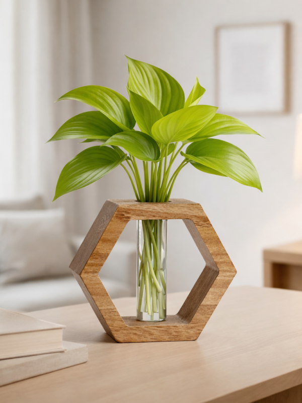 ZS Collection Wooden Test Tube Planter 14Lx 12Wx 3.5H Cm | Glass Test Tube with Wooden Holder | Hydroponic Test Tube Vase | Decorative Glass Planter with Wooden Stand for Living Room & Home Decor
