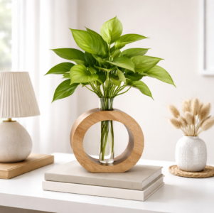 ZS Collection Wooden Test Tube Planter 13Lx 11Wx 3.5H Cm | Glass Test Tube with Wooden Holder | Hydroponic Test Tube Vase | Decorative Glass Planter with Wooden Stand for Living Room & Home Decor
