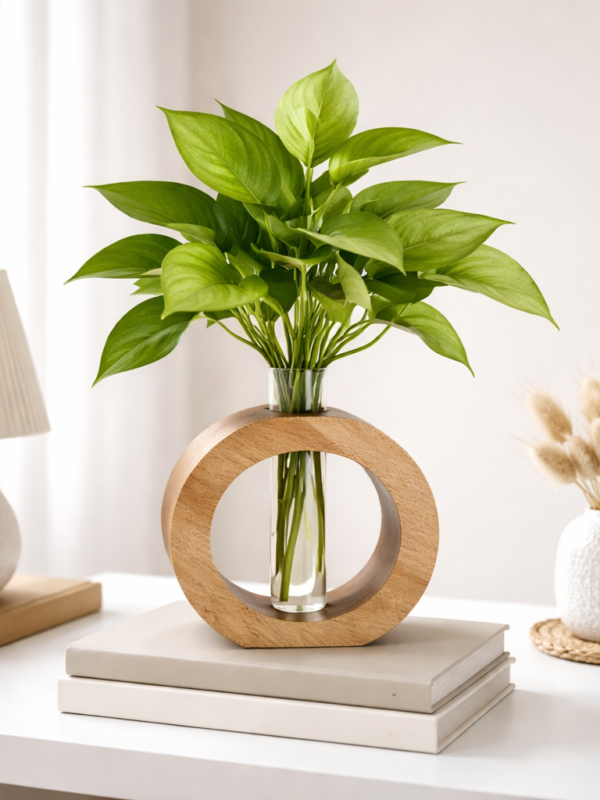 ZS Collection Wooden Test Tube Planter 13Lx 11Wx 3.5H Cm | Glass Test Tube with Wooden Holder | Hydroponic Test Tube Vase | Decorative Glass Planter with Wooden Stand for Living Room & Home Decor
