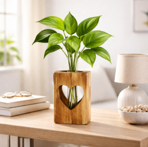 ZS Collection Wooden Test Tube Planter 13Lx 8.5Wx 4H Cm | Glass Test Tube with Wooden Holder | Hydroponic Test Tube Vase | Decorative Glass Planter with Wooden Stand for Living Room & Home Decor