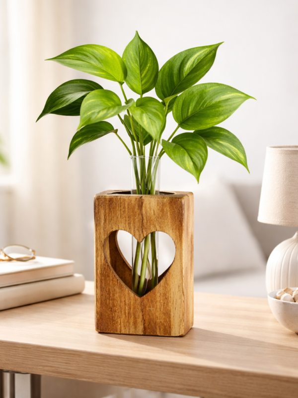 ZS Collection Wooden Test Tube Planter 13Lx 8.5Wx 4H Cm | Glass Test Tube with Wooden Holder | Hydroponic Test Tube Vase | Decorative Glass Planter with Wooden Stand for Living Room & Home Decor