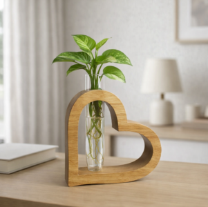 ZS Collection Wooden Test Tube Planter | Glass Test Tube with Wooden Holder | Hydroponic Test Tube Vase | Decorative Glass Planter with Wooden Stand for Living Room & Home Decor (Heart Frame)