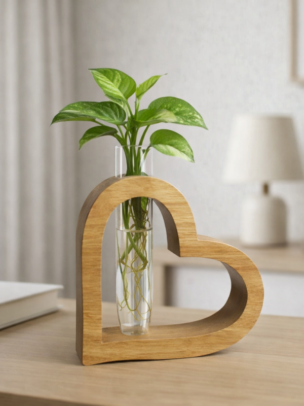 ZS Collection Wooden Test Tube Planter | Glass Test Tube with Wooden Holder | Hydroponic Test Tube Vase | Decorative Glass Planter with Wooden Stand for Living Room & Home Decor (Heart Frame)