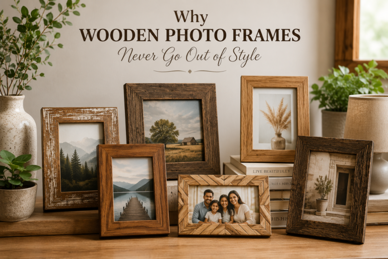 Wooden Photo Frames displayed in a modern home interior with rustic wooden frame design and decorative picture frames for home decor