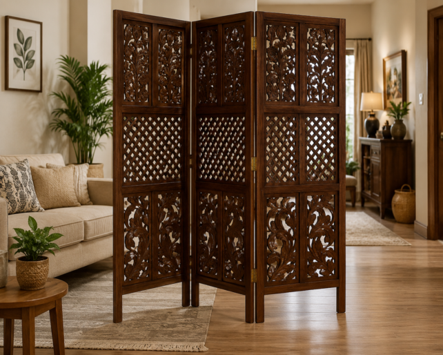 Wooden Room Divider Partition with handcrafted carved panel design for modern living room interiors
