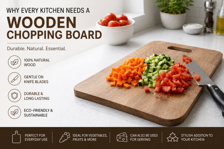Wooden Chopping Board for kitchen use with natural wood finish and modern wooden kitchen accessories
