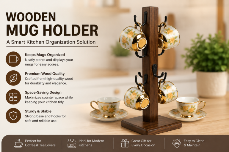 Wooden Mug Holder with elegant coffee cups displayed on a space-saving mug holder stand for modern kitchen organization
