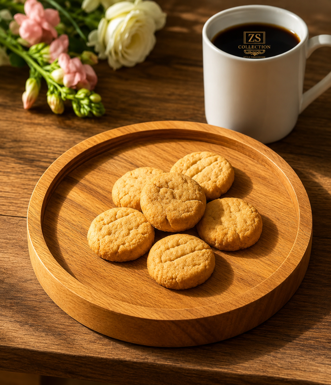 Premium wooden serving tray with cookies and coffee on a wooden table in warm natural light