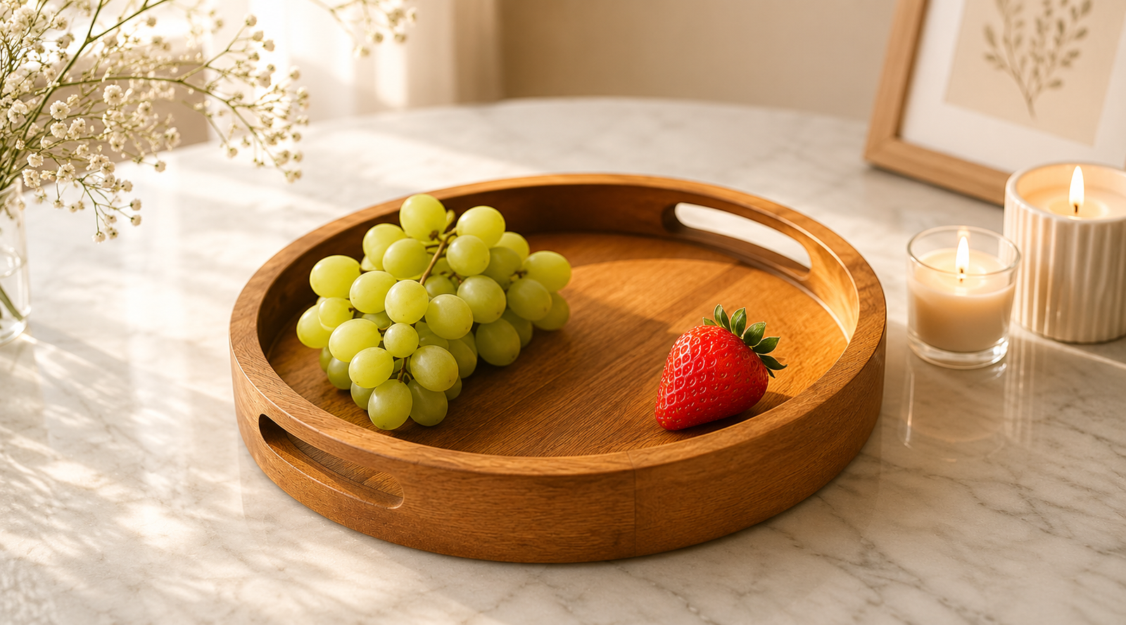 Round wooden serving tray with grapes and strawberry on a marble table in soft warm natural light.