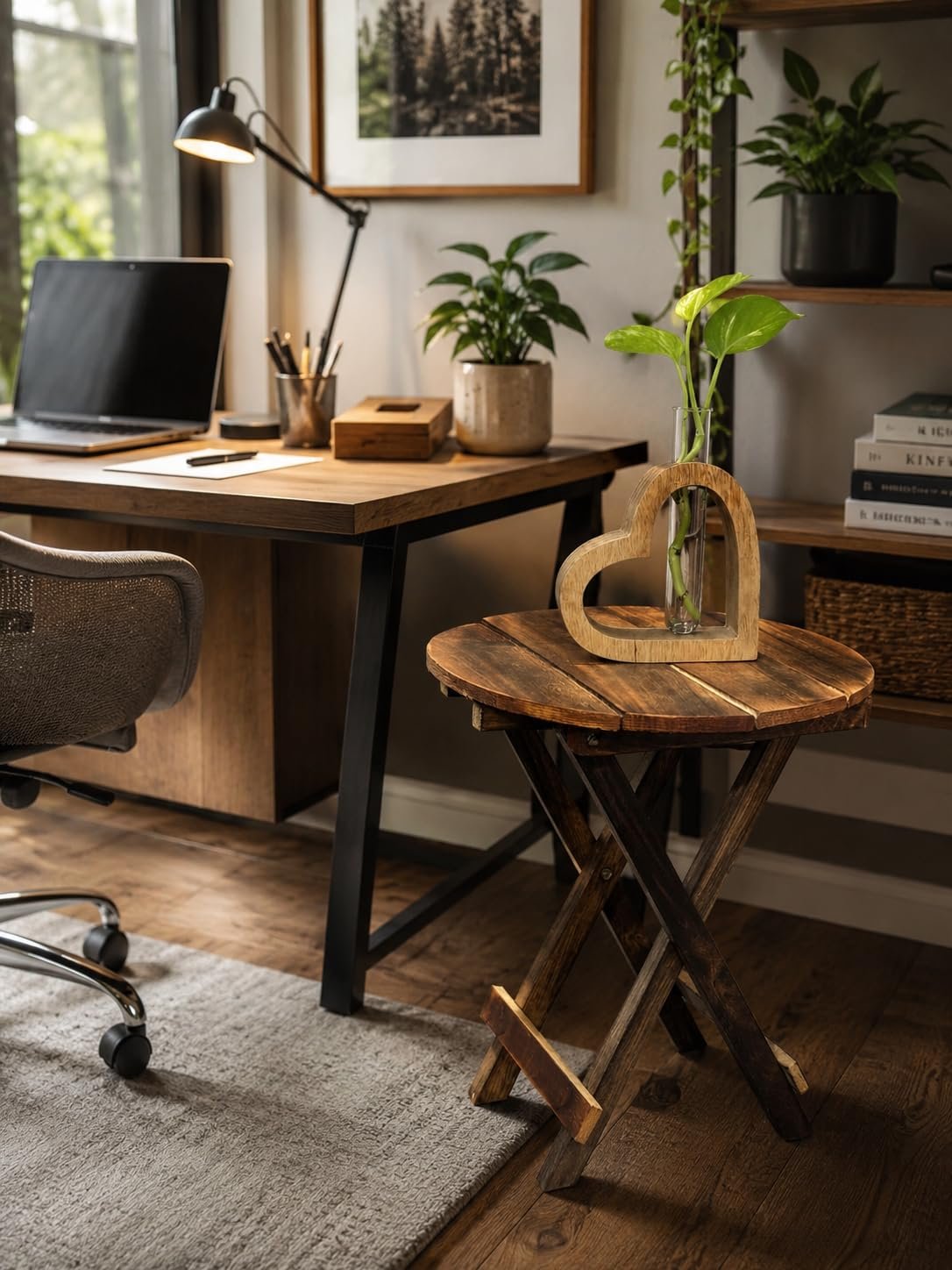 Wooden side table used as a stylish indoor planter stand