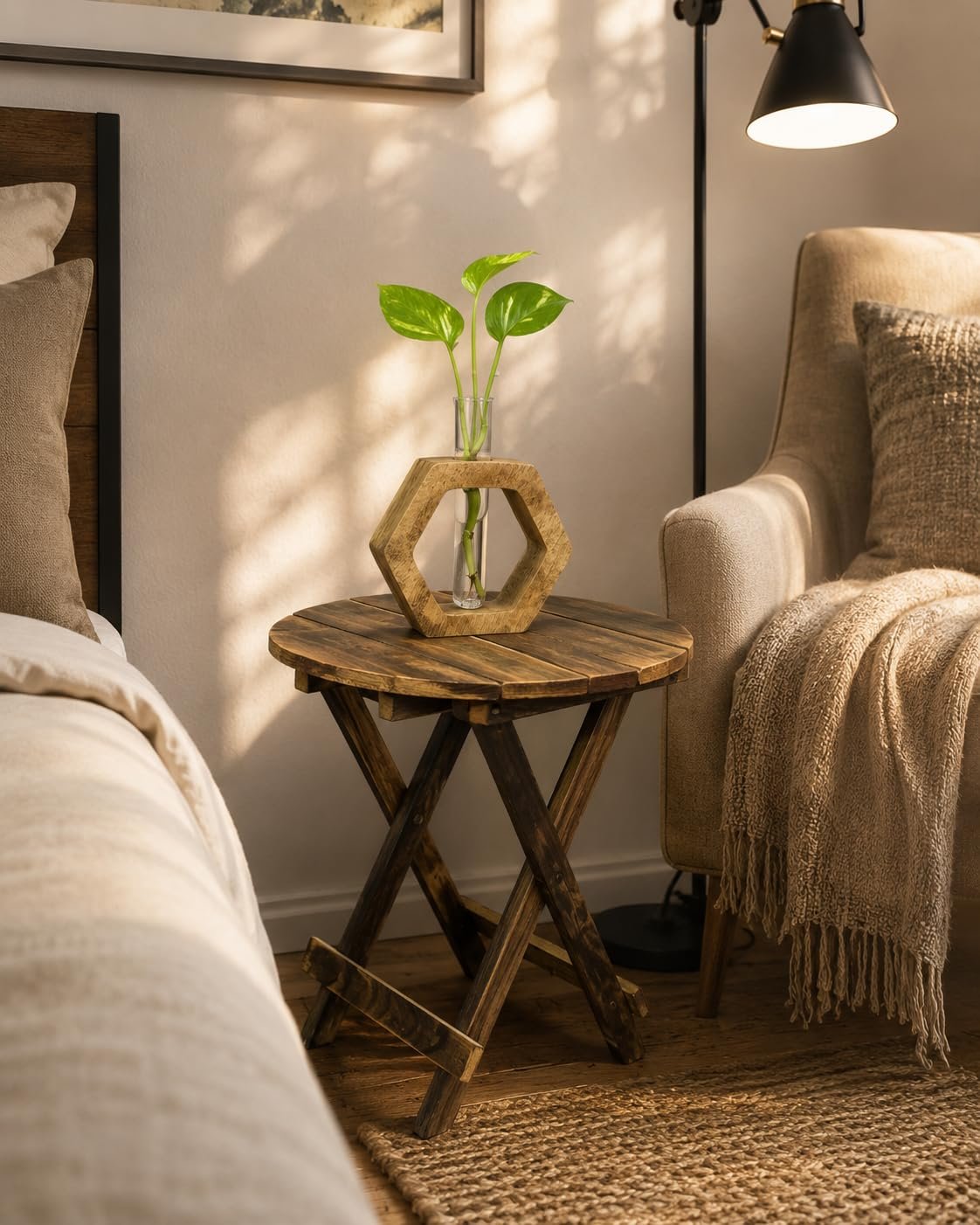 Angled view of handcrafted wooden side table with glass vase
