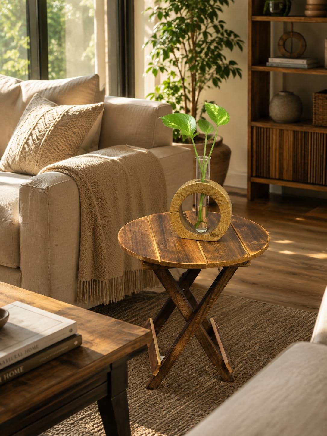 Top view of round handcrafted wooden side table