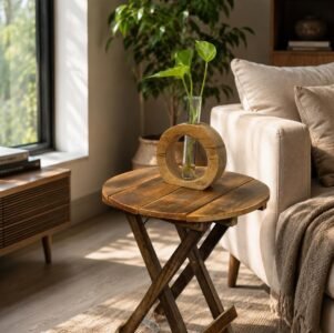 Handcrafted Wooden Side Table with Glass Vase for Living Room and Bedroom by ZS COLLECTION