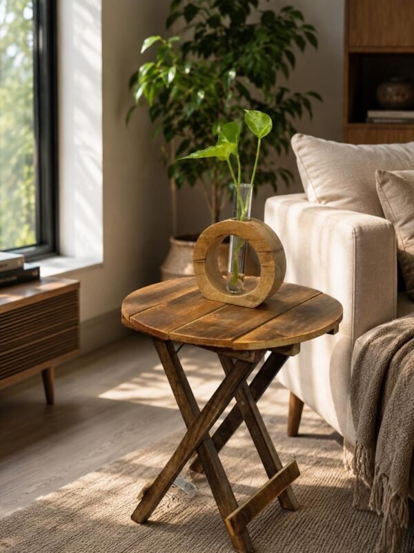 Handcrafted Wooden Side Table with Glass Vase for Living Room and Bedroom by ZS COLLECTION