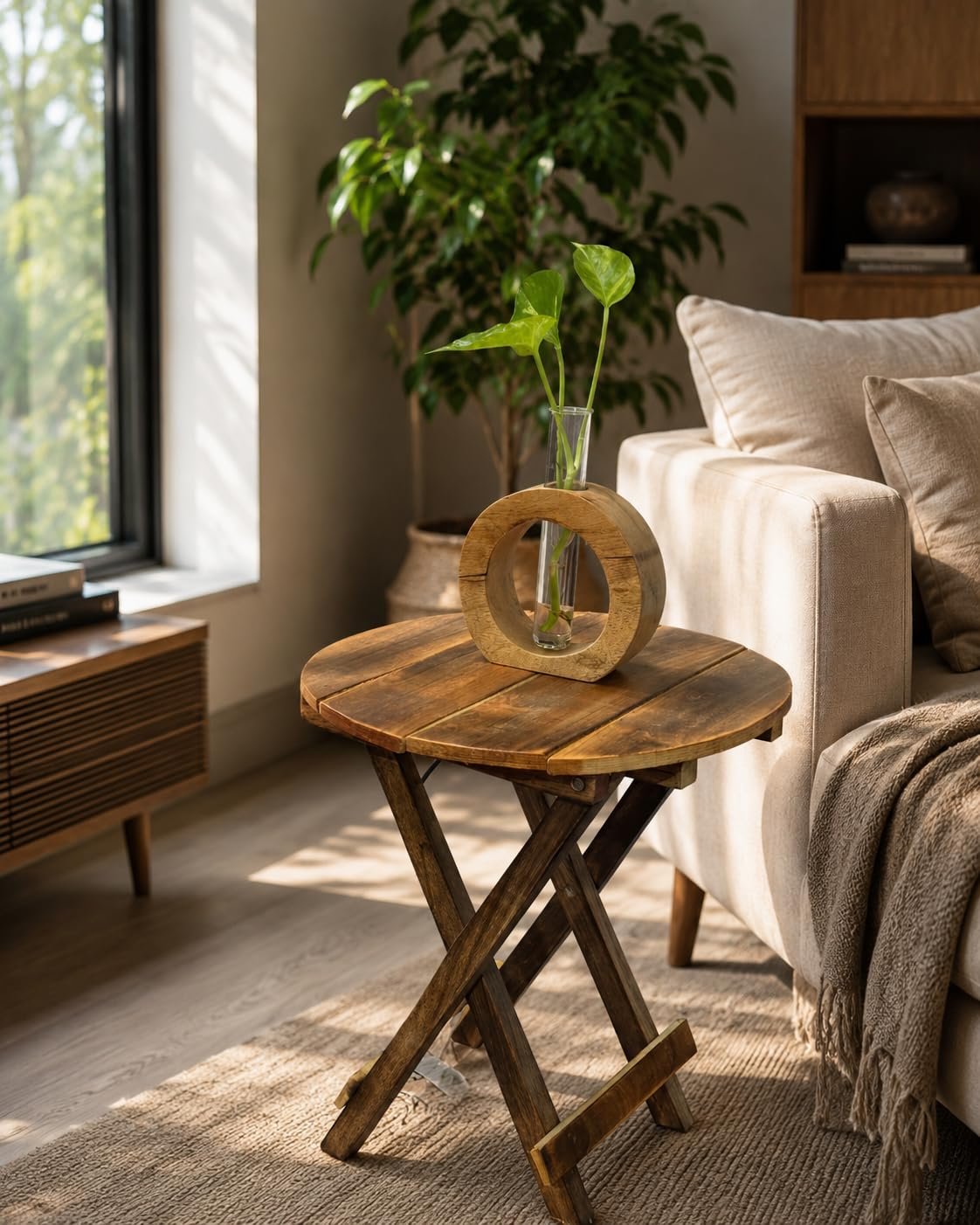 Handcrafted Wooden Side Table with Glass Vase for Living Room and Bedroom by ZS COLLECTION