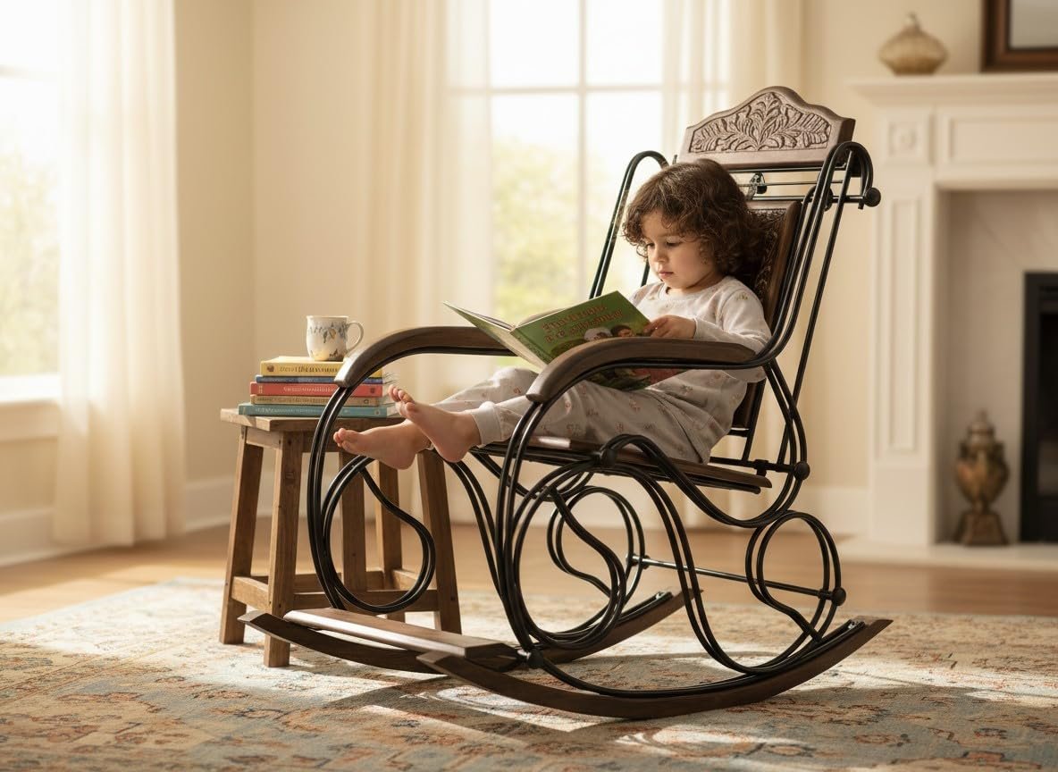 Wooden & Iron Rocking Chair with Carved Backrest – Antique Finish - Image 5