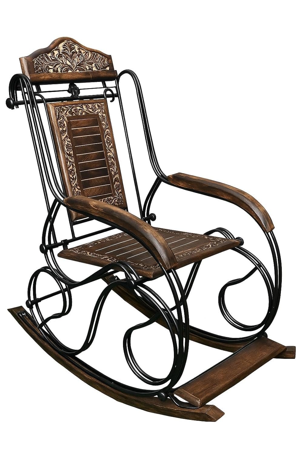 Handcrafted wooden rocking chair with iron frame