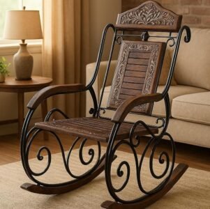 Wooden and iron rocking chair with carved backrest and antique finish