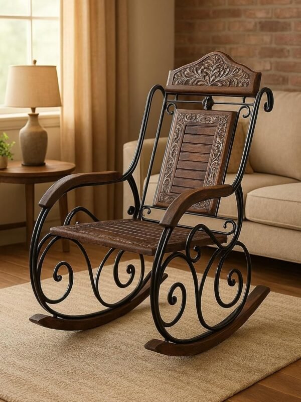 Wooden and iron rocking chair with carved backrest and antique finish