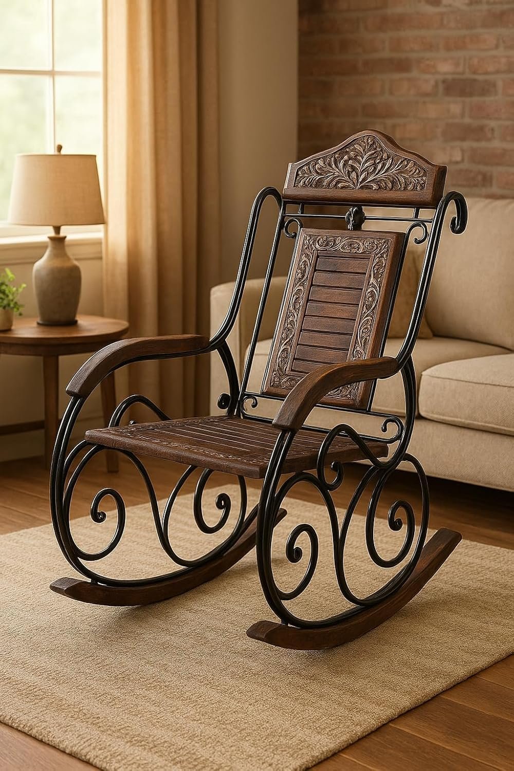 Wooden and iron rocking chair with carved backrest and antique finish